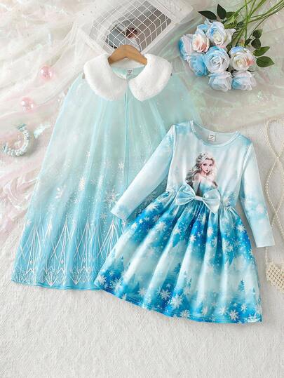 SHEIN Elladie kids Conjunto de 2 piezas de vestido de manga larga con cuello redondo + capa de malla, estilo de princesa de hielo, para niña, nueva moda de primavera/otoño