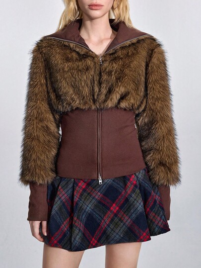 Hippie Women's Fuzzy Zip-Up Collar Long Sleeve Jacket, Fashionable Regular Fit, Autumn/Winter