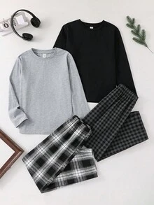 SHEIN 4件組兒童/青少年男孩睡衣套裝，黑白配色，夏季休閒度假返校款，純色長袖套頭上衣搭配梭織秋季長褲 - 彩色 - 查看 2