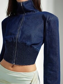 Denimoi 束腰拉链高领牛仔夹克，时尚 - 深色水洗藍 - 查看 1