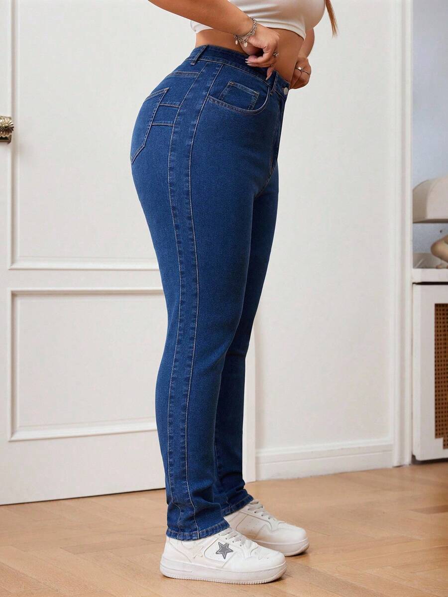 SHEIN ICON Plus Size Solid Color Skinny Jeans With Pockets - Dark Wash - View 1