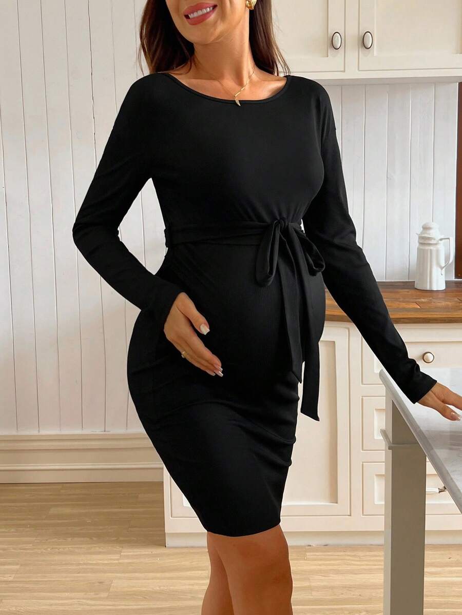 SHEIN 休闲日常百搭长袖抽绳宽松针织弹力黑色中长孕妇连衣裙 - 黑色 - 查看 1