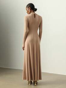 Vesra 女式高腰罗纹A字长袖打结修身连衣裙，优雅 - 卡其色 - 查看 2