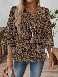 EMERY ROSE Áo cánh tay 3/4 cổ chữ V họa tiết da báo giản dị dành cho nữ, phù hợp cho mùa xuân và mùa thu - màu nâu - Xem 6