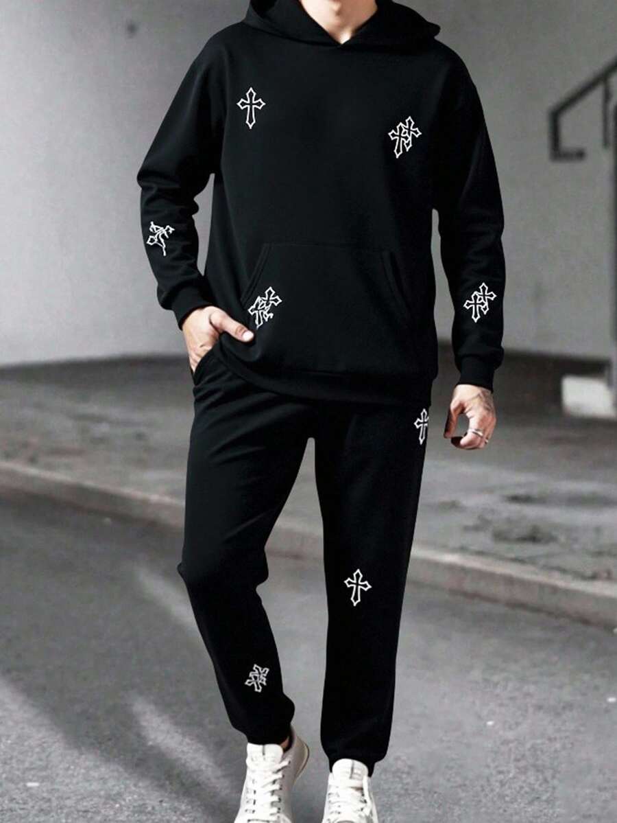 SHEIN 青少年男孩黑色撞色超大运动衫和运动裤套装,十字印花,休闲,舒适,百搭,面料柔软,适合日常穿着、上学、郊游、户外运动、秋冬 - 黑色 - 查看 1