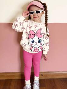 SHEIN Bộ 2 món Happikins màu trắng kem & hồng kem họa tiết mèo hoạt hình dễ thương, áo nỉ dài tay cổ tròn dày dặn mềm mại in nơ báo và quần legging, thích hợp cho mùa thu đông. Trang phục mèo cho bé gái, áo len trẻ em, quần áo dễ thương cho bé gái, quần áo mùa thu đông, quần áo Kawaii cho trẻ em. - Nhiều màu - Xem 3