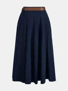 Maija 2025冬季新款藏蓝色褶裥喇叭裙，侧边口袋设计，配可拆卸PU皮金属腰带，时尚优雅，适合通勤穿着。 - 藏蓝色 - 查看 9