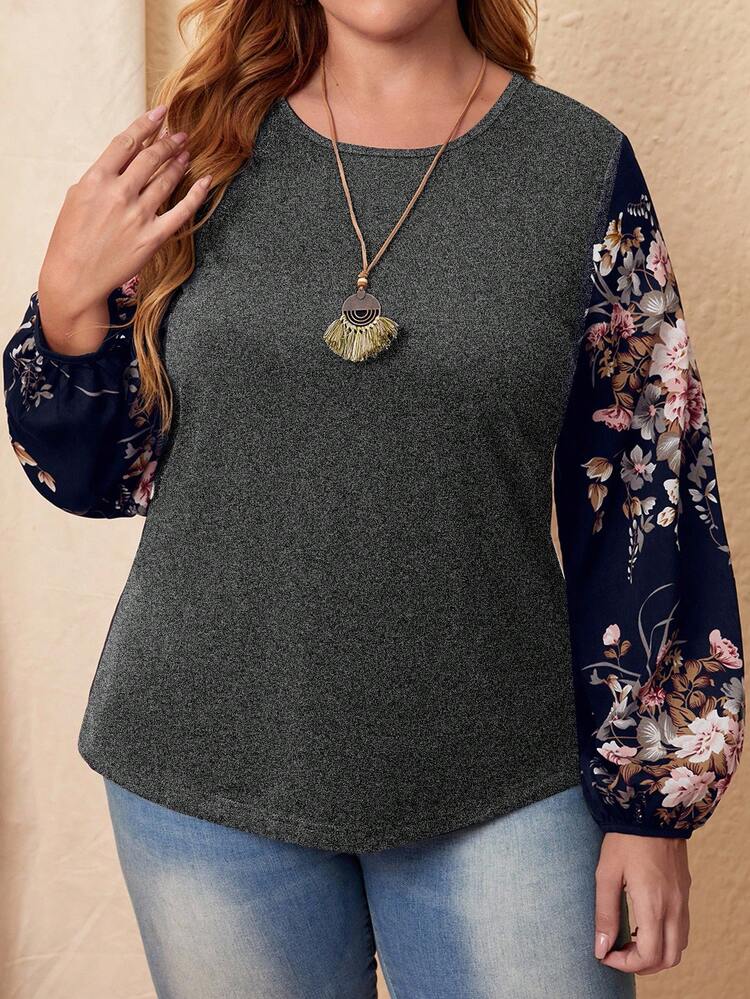 Plus Size Women Floral Print Patchwork Round Neck Long Sleeve Casual T-Shirt