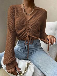 EMERY ROSE Áo thun nữ cổ chữ V tay cánh dơi màu trơn có dây rút thời trang - màu nâu - Xem 4