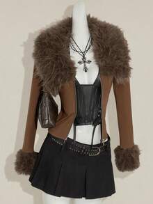 SHEIN ICON Y2k Fall Western Going Out Brown Zip Up Grunge Concert Goth Solid Color Faux Fur Zipper Patchwork Fitted Long Sleeve Jacket - Brown - View 3