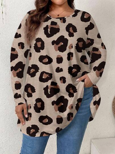 Firerie Casual Minimalist Full-Width Leopard Print Round Neck Plus Size T-Shirt,/Women Long Sleeve Tops Cow Print Clothes Women Cheetah Print Plus Size Leopard Print Plus Size Animal Print Plus Size Spring