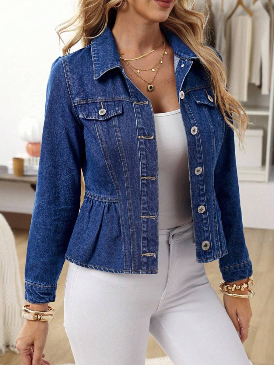 EMERY ROSE Women's Fashionable Button-Up Collar Flap Detail Denim Jacket, Autumn,New Denim Jacket For Autumn And Winter, Romantic Ruffled Waist Denim Short Jacket - Blue - View 1
