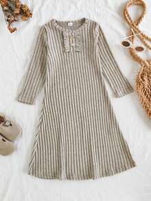 1 件女童舒适休闲罗纹修身圆领荷叶边下摆长袖针织连衣裙，适合秋冬日常穿着 - 彩色 - 查看 5