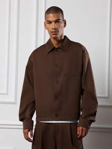 SUMWON مجموعة قميص كبير مربع مع طوق وبنطال ساق واسعة، طراز الشارع الكاجوال للخريف والشتاء، موضة معاصرة بقصة فضفاضة من قطعتين - بني - مشاهدة 6