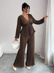 Elenzga 2pcs Women Pleated V-Neck Long Sleeve Top And Pants Set - Brown - View 4