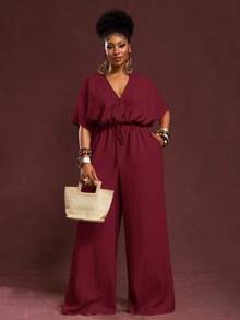 Veslaya 2025 Autumn & Winter New Arrivals, Women's Fall/Halloween/Winter Clothes, Plus Size, Music Festival/Halloween Outfits, Easter, Western, Boho, Birthday Party, Graduation, Student, Casual, Vacation, Cruise, Beach, Sunbathing, Fashionable, Women White Textured Loose Waist Wide Leg Jumpsuit, Plus Size - Burgundy - View 1