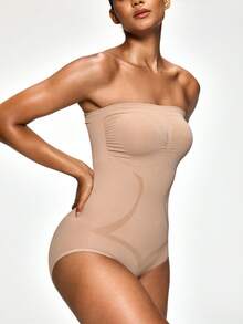 SHAPORA 女士无缝纯色抹胸紧身衣 - 杏色 - 查看 3