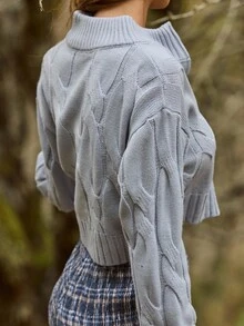 Aralina 秋冬拉链麻花针织开衫短款套头衫可爱舒适女式冬季乡村风秋季 - 藍色 - 查看 3