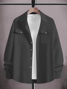 Manfinity Homme Áo sơ mi nam tay dài, đơn hàng, màu trơn, có túi đôi, thường ngày/công sở, mùa thu - màu đen - Xem 4