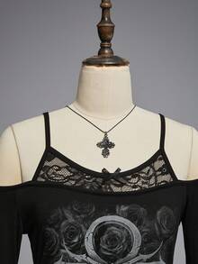ROMWE Gothic Style Off Shoulder Strap Asymmetric Hem Contrast Lace Long Sleeve Off-Shoulder Women T-Shirt - Black - View 3