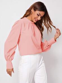 SHEIN LUNE 女式纯色立领长袖褶皱设计优雅衬衫 - 粉色 - 查看 4