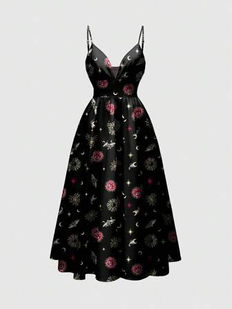 Goth Abito da donna a bretelle sottili, scollo profondo, stile romantico da foresta, con stampa completa di elementi gotici come croce, cuore, gemme, ragnatela, scorpione, sole, luna e stelle
