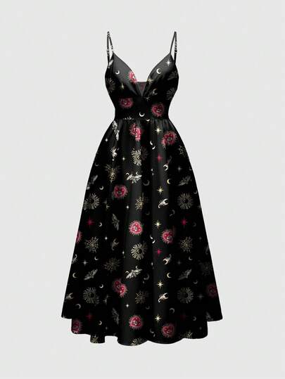 Goth Gotischer dunkelblauer Kreuz-Herz-Edelstein-Spinnennetz-Skorpion-Sonne-Mond-Stern Allover-Muster romantischer Waldstil Spaghetti-Träger tief ausgeschnittenes sexy Damenkleid