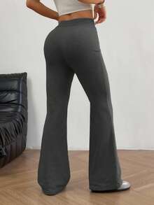SHEIN EZwear 女式纯色抽绳休闲夏季刺绣喇叭裤 - 深灰色 - 查看 2