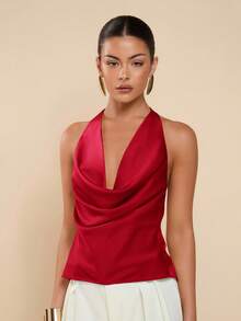COSMINA Women's Solid Color Halter Backless Draped Sexy Camisole,Red Top - Burgundy - View 4