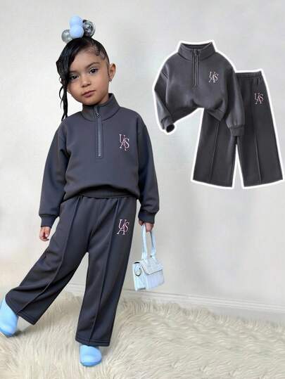 2 件套年轻女孩羊毛衫和裤子套装，刺绣字母设计，适合户外和室内穿着的休闲装，秋冬