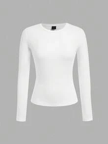 SHEIN EZwear 3 件套大码女式圆领休闲修身长袖 T 恤套装，纯色，适合秋冬季分层休闲穿着 - 彩色 - 查看 3