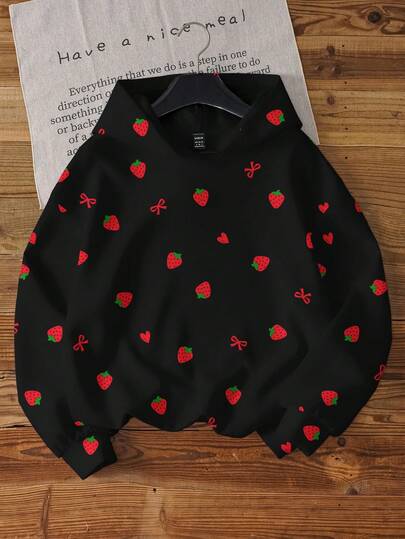 Attitoon Camiseta holgada de manga corta con cuello redondo, estampado de lazo de fresa, estilo minimalista casual, adecuada para verano, vacaciones en la playa, temporada de graduación, estilo Y2K, ropa casual de verano, streetwear, vintage, vuelta al cole, otoño e invierno para mujer