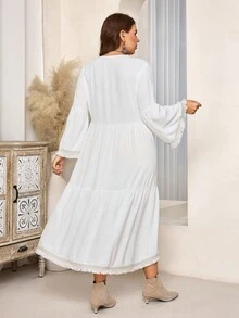 EMERY ROSE Váy dài tay cổ chữ V viền bèo nhún cỡ lớn - trắng - Xem 2
