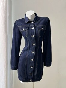 Elamini 女式休闲水洗前扣牛仔连衣裙 - 藍色 - 查看 8