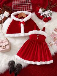 SHEIN 2pcs Baby Girls Christmas Hooded Cape Poncho And Plush Patchwork Dress, Suitable For Autumn/Winter, Christmas Party Outfit