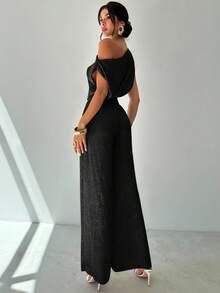 Conjunto de blusa suelta asimétrica sin hombros con baño de oro sin mangas y pantalones de pierna ancha con cintura elástica, adecuado para citas, fiestas, viajes diarios, festivales - Negro - Ver 5