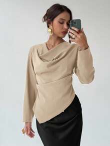 Aloruh 女式纯色不对称下摆长袖时尚衬衫 - 杏色 - 查看 7