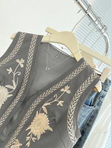 Franclia 女式休闲花卉刺绣无袖夹克 - 灰色 - 查看 5