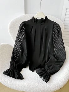 SHEIN 纯勃艮第色褶皱后结灯笼袖衬衫，长袖上衣，圣诞节红色衬衫，圣诞派对红色上衣 - 酒紅色 - 查看 5