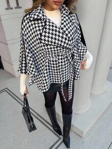 Xyvia 女式复古优雅翻领收腰千鸟格披肩羊毛混纺外套，适合通勤，秋冬 - 彩色 - 查看 3