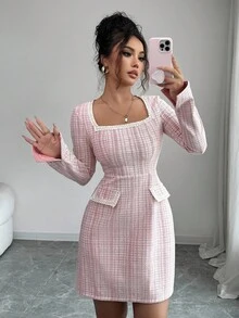 Rafferiza Autumn/Winter Pink Tweed Elastic Fitted Crew Neck Ruffle Trim Short Sleeve Sheath Dress - Pink - View 1