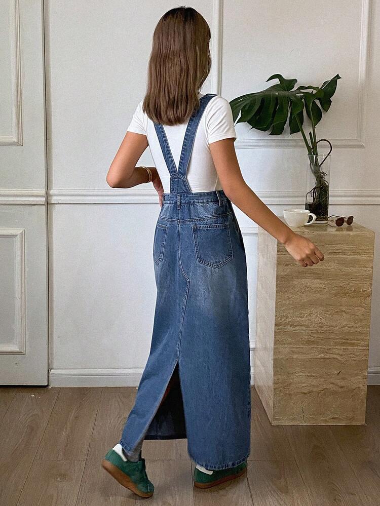 Women's Casual Asymmetric Hem Washed Denim Tank Dress, Vintage Western Cowgirl Style, Suitable For Autumn/Winter Maxi Dress
