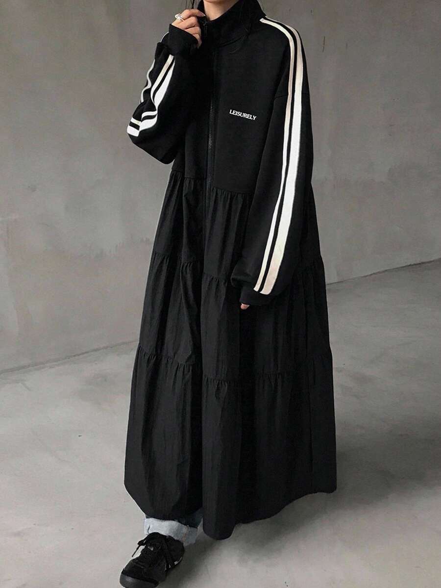 FRIFUL 女士字母印花条纹拉链长款休闲外套，秋季女装外套 - 黑色 - 查看 1