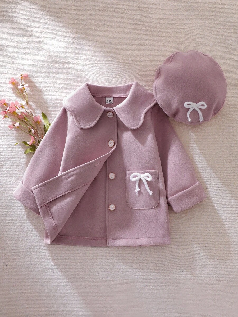 SHEIN Mantel Panjang Bayi Perempuan Motif Bunga dengan Kerah Peter Pan, Kancing Mawar, Pita, dan Saku, Dilengkapi Topi yang Serasi, Manis & Imut, Musim Semi/Gugur Musim Dingin - Berwarna merah muda - View 1