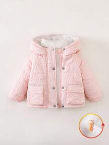 SHEIN Playful Pals 可爱时尚女婴连帽棉衣，立体花朵纹理和面料贴花，灵感来自百搭设计元素，适合秋冬季日常穿着 女婴冬季夹克 - 粉色 - 查看 1