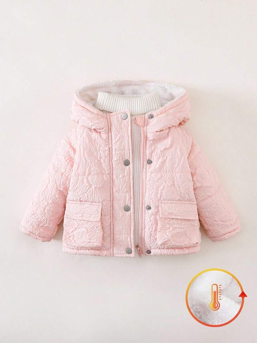 SHEIN Playful Pals 可爱时尚女婴连帽棉衣，立体花朵纹理和面料贴花，灵感来自百搭设计元素，适合秋冬季日常穿着 女婴冬季夹克 - 粉色 - 查看 1