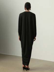 Vesra فستان مُبرّم مُنسوج بلون واحد مُتضخّم مع زخرفة معدنية للنساء - الأسود - مشاهدة 2