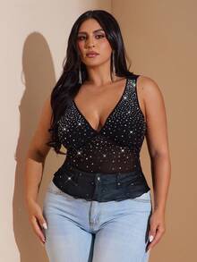 SHEIN BAE Damen Große Größen Clubwear Trägerhemd mit Strass Verzierung, Frühherbst