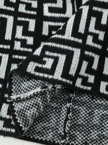 SHEIN Veneréa Vintage Geometric Jacquard Textured Open Back Slit Hem Design Long Fitted Waist Fashionable Sweater Dress, Women Spring/Autumn - Black and White - View 6