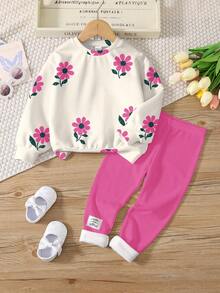 SHEIN Bộ 2 món/Bộ áo nỉ dài tay cổ tròn in họa tiết hoa cổ điển thường ngày cho bé gái, phù hợp cho mùa thu/đông - Nhiều màu - Xem 3